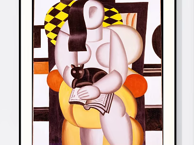Abstract Painting with Geometric Patterns Figure Holding Book Yellow Black White Orange Tones 3d model