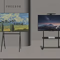 Modern TVs On Black Stands Displaying Nature Scenes And Starry Mountain Views