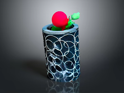 Small Green Plant With Red Top In Black Pot Featuring White Circular Patterns 3d model