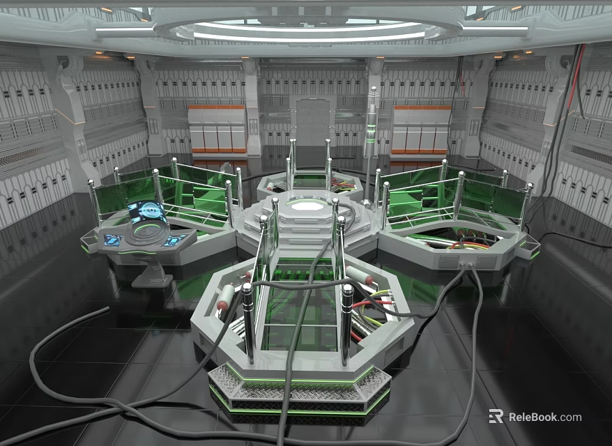 Industrial Equipment With Circular Structures Control Panels Green Railings Cables And Central Platform 3d model 
