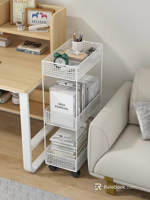 Practical White Wire Shelving Unit In Living Room With Books Magazines And Alarm Clock 3d model 