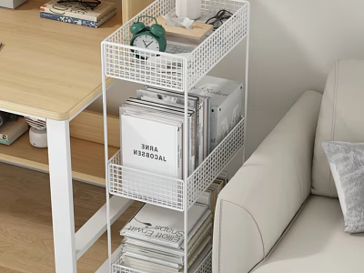 Practical White Wire Shelving Unit In Living Room With Books Magazines And Alarm Clock 3d model