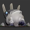 Fantasy Creature White Gray With Horns Blue Eyes On Base With Rocks And Small Plants