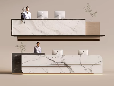 Modern Reception Desk Interior With Marble Countertop Receptionist Computers And Potted Plants 3d model