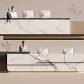 Modern Reception Desk Interior With Marble Countertop Receptionist Computers And Potted Plants 3d model