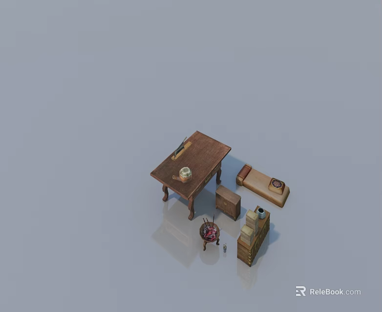 Simple Wooden Sofa and Coffee Table Set With Decorative Items And Cushions 3d model