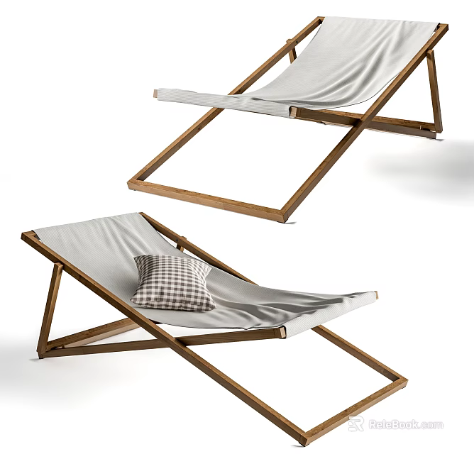 Wooden Frame Lounge Chair With White Cushion And Plaid Pillow Design 3d model 