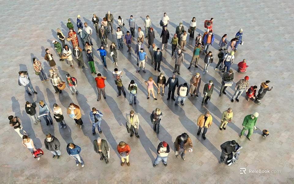Large Group of People with Various Postures in Open Public Area 3d model 