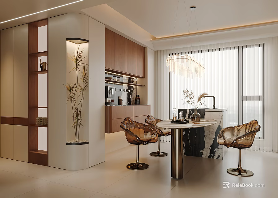 Elegant Modern Dining Room Interior With Round Table And Leather Chairs 3d model 