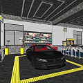 4S Shop Interior Featuring Black Sports Car Yellow Parking Lines Tool Racks And Blue Toolboxes