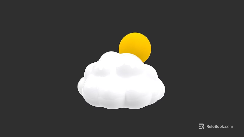 Botanical Painting Artwork Featuring White Cloud and Yellow Sun on Black Background 3d model