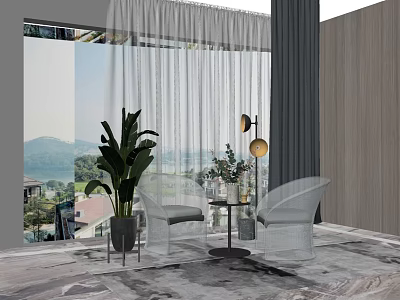 Stylish Table Chair Combination in Living Area with Scenic View Green Plants and Carpet 3d model