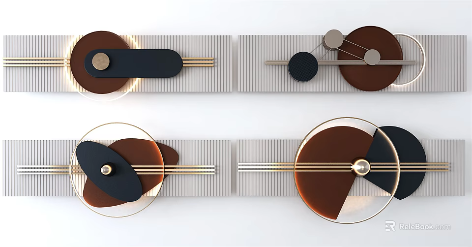 Modern Geometric Wall Decor With Circular Elements Gold Metal Lines And Brown Black Accents 3d model 