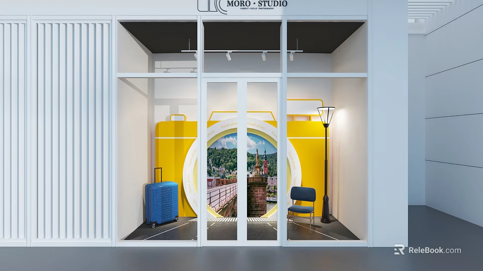 Modern Showroom Interior With Yellow Circular Window Blue Suitcase Black Chair And Scenic View 3d model 