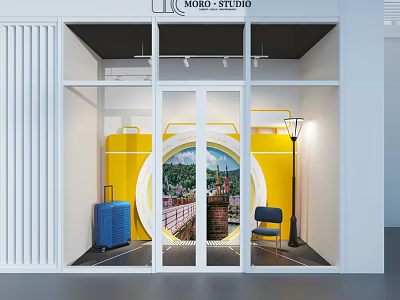 Modern Showroom Interior With Yellow Circular Window Blue Suitcase Black Chair And Scenic View 3d model