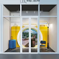 Modern Showroom Interior With Yellow Circular Window Blue Suitcase Black Chair And Scenic View