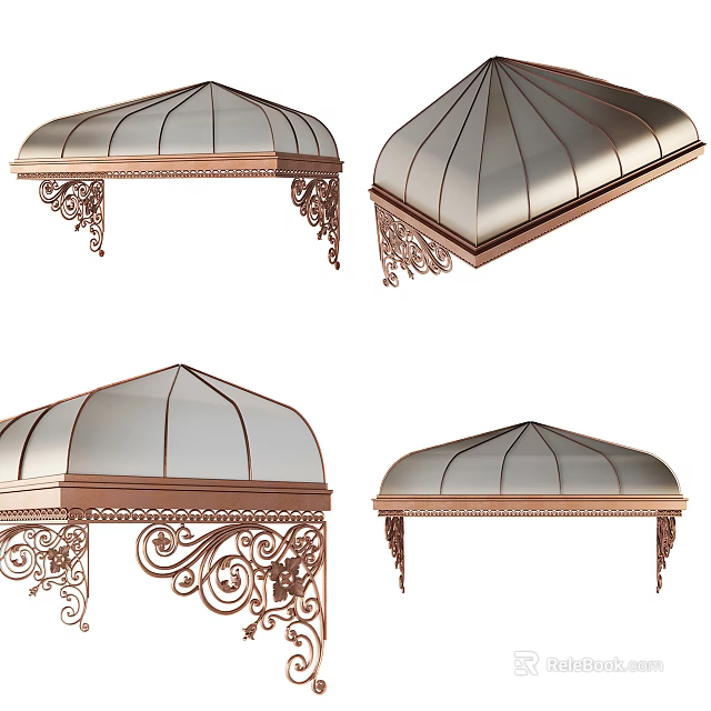 Elegant Metal Frame Canopy with Transparent Top and Ornate Carvings Design 3d model 