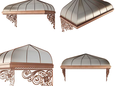 Elegant Metal Frame Canopy with Transparent Top and Ornate Carvings Design 3d model