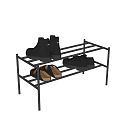 Various Style Shoes Arranged On Black Metal Multi Layer Shoe Rack