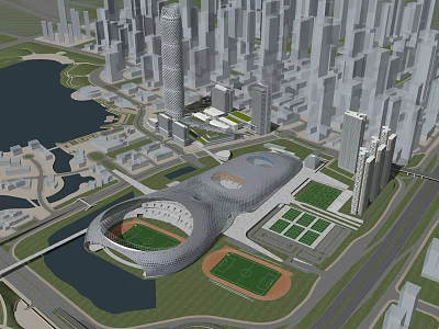 Modern Urban Cityscape With Tall Buildings Lake Stadium And Green Spaces 3d model