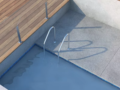 Outdoor Swimming Pool With Wooden Deck Metal Handrails And Concrete Floor 3d model