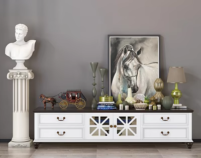 White and Dark TV Stand with Drawers X-pattern Doors Holding Decorative Items Horse Painting Table Lamp 3d model