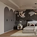 Kids Room Interior With Starry Theme Moon Stars Cloud Decor Cozy Bed Desk And Tricycle