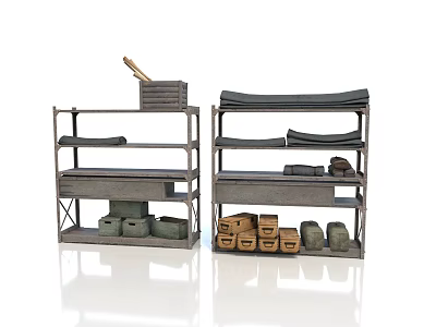 Two Metal Shelves With Wooden Boxes Scrolls Small Crates And Tool 3d model