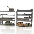 Two Metal Shelves With Wooden Boxes Scrolls Small Crates And Tool