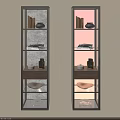 Modern Glass Display Cabinets With Layered Shelves Holding Decorative Bowls Books And Ornaments