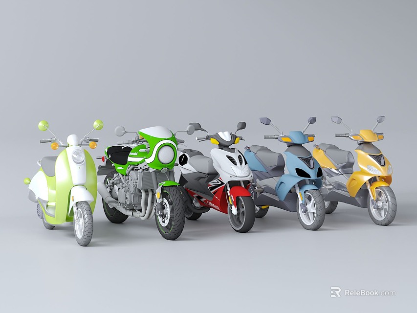 Different Colored Scooter Motorcycles Arranged in a Row with Green White Red Blue Yellow 3d model 