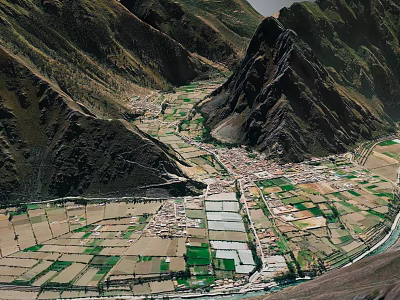 Scenic Rural Valley Landscape With Mountain Ranges Farmlands Village And River 3d model