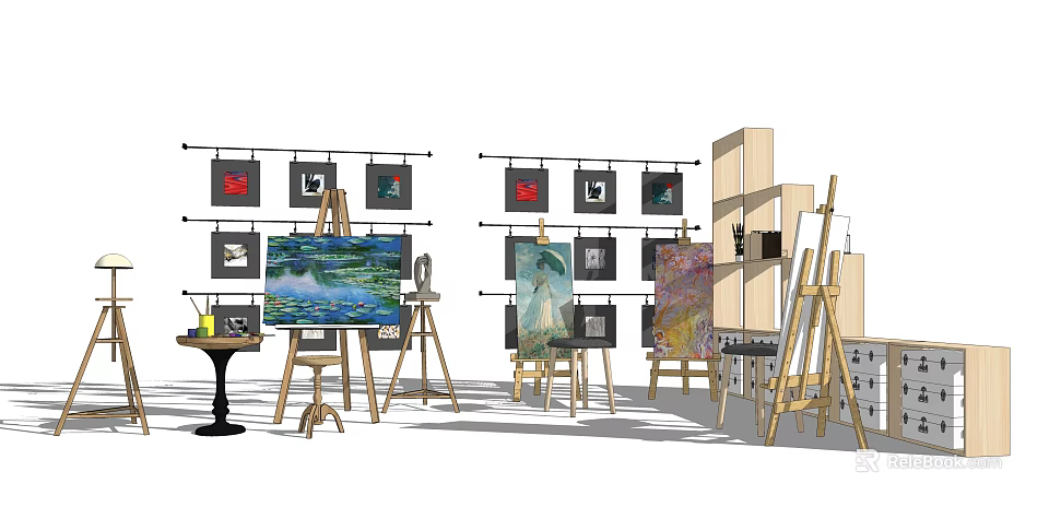 Art Studio Setup Featuring Easels Paintings Musical Instruments And Art Supplies 3d model