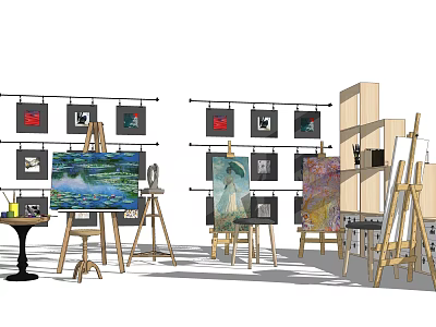 Art Studio Setup Featuring Easels Paintings Musical Instruments And Art Supplies 3d model