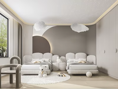 Modern Kids Room Interior With Cloud Shaped Decor Soft Seating Stuffed Toys And Round Rug 3d model