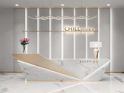 Modern Reception Desk With Marble Top Flower Arrangement White Panel Wall Pendant Lights 3d model
