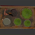 Small Potted Plants Displayed On Wooden Tray With Glass Jar And Red Books