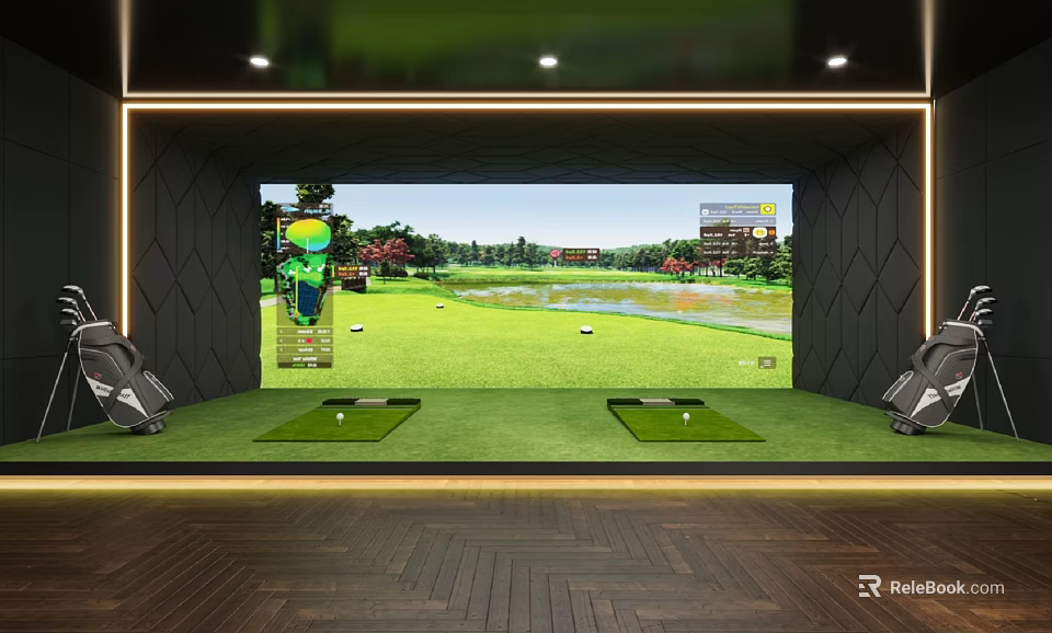 Indoor Golf Simulator Interior With Large Screen Golf Course View And Hitting Mats 3d model 
