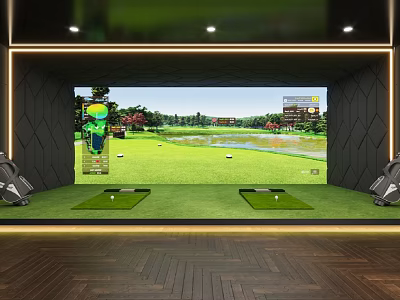 Indoor Golf Simulator Interior With Large Screen Golf Course View And Hitting Mats 3d model