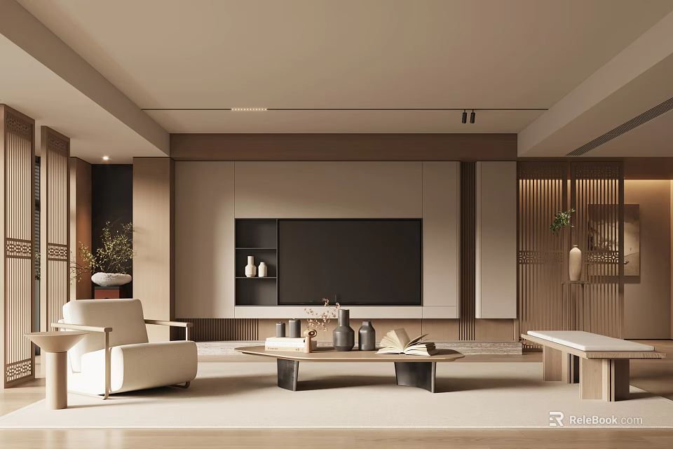 Elegant Modern Living Room Interior With Beige Sofa Wooden TV Wall Coffee Table And Plants 3d model 