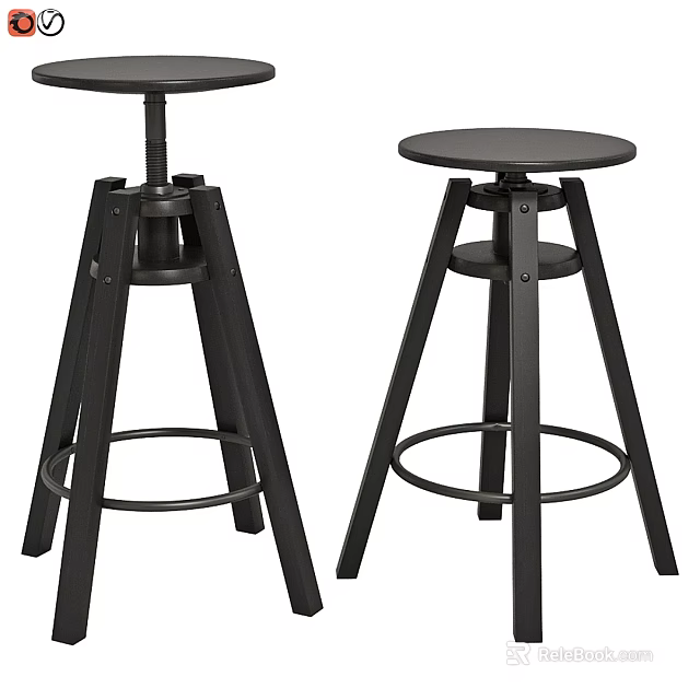 Black Metal Bar Stools With Round Seat Tripod Legs And Footrest Ring 3d model 
