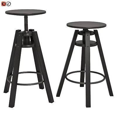 Black Metal Bar Stools With Round Seat Tripod Legs And Footrest Ring 3d model