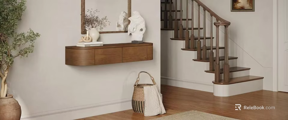 Modern Floating Wooden Entryway Console Side Cabinet With Stylish Ornaments For Cozy Home Entrance Space 3d model 