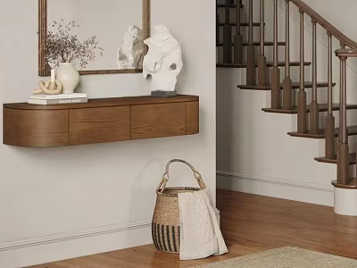 Modern Floating Wooden Entryway Console Side Cabinet With Stylish Ornaments For Cozy Home Entrance Space 3d model