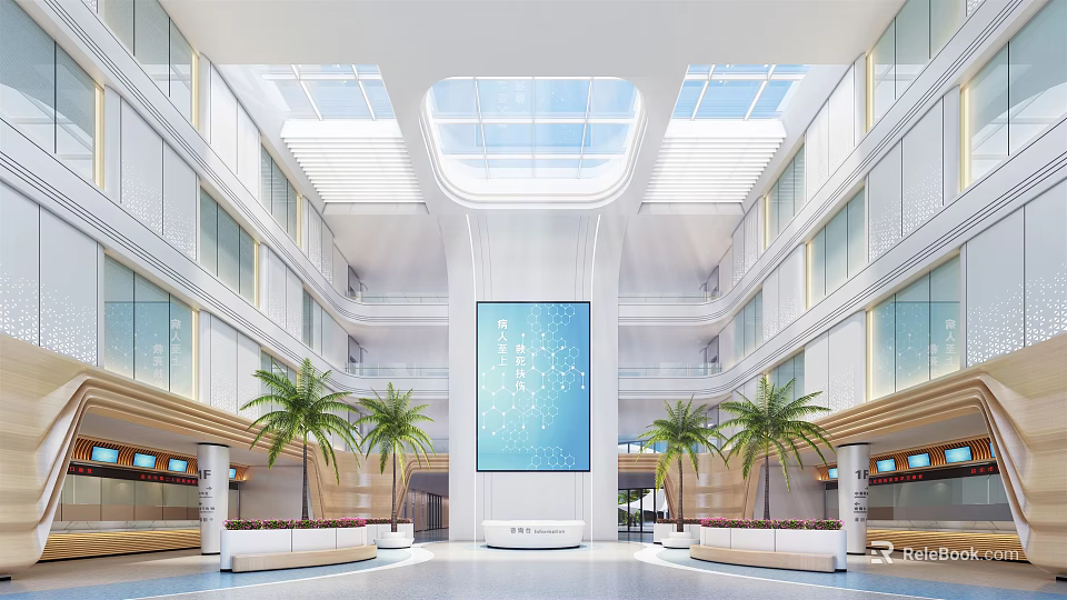 Modern Hospital Outpatient Clinic Lobby With Skylights Large Digital Screen And Palm Trees 3d model 