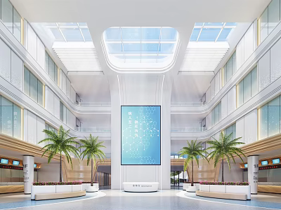 Modern Hospital Outpatient Clinic Lobby With Skylights Large Digital Screen And Palm Trees 3d model