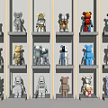 Various Colorful Bearbrick Figurines Displayed on Shelves with Unique Designs