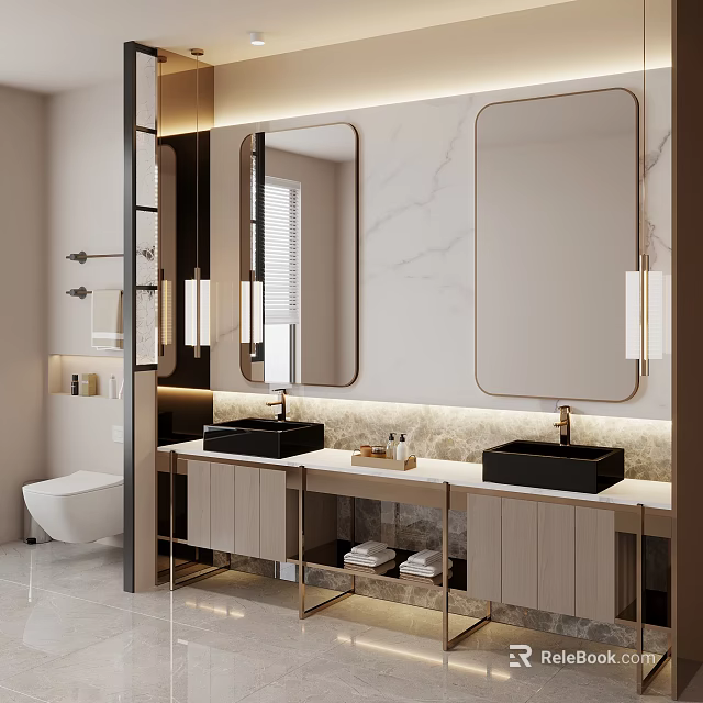 Modern Bathroom Interior With Double Vessel Sinks Large Mirrors And Marble Wall 3d model 