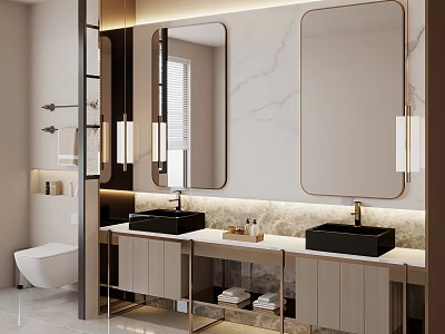 Modern Bathroom Interior With Double Vessel Sinks Large Mirrors And Marble Wall 3d model