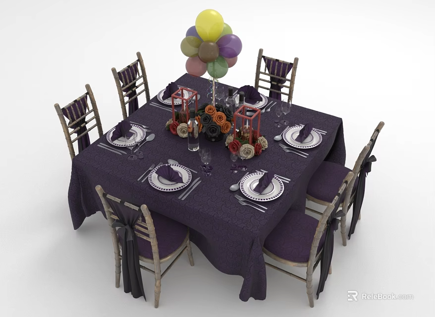 Elegant Dining Table Set With Purple Tablecloth Chairs Ribbon Decorations Tableware Vases And Balloons 3d model 